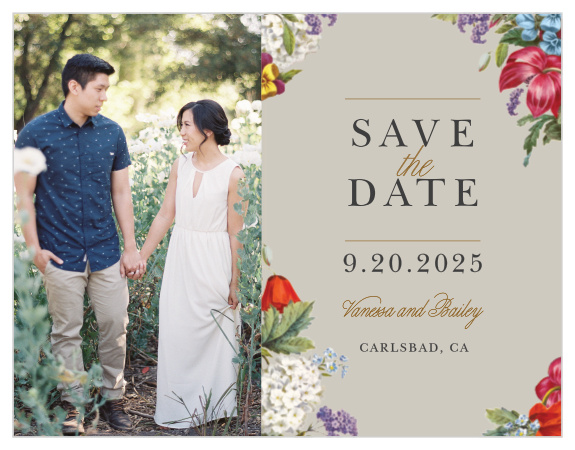Make a spot on everyone’s calendar with our Antique Flowers Wedding Save the Date Cards.