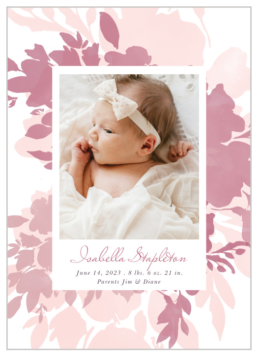 Our Blooming Watercolors Birth Announcements feature multiple layers of watercolor blooms that are colored in varying shades of pink.