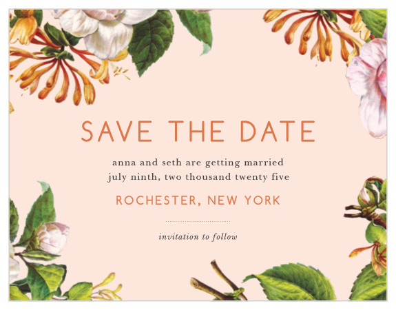 Give your guests the information they need to plan for your wedding well in advance using our Spring Blush Save-the-Date Cards. Beautiful floral illustrations fill the page's corners and sides, growing steadily in toward the neat prints spelling out your wedding day's details. With a color scheme focused on light, spring colors, these cards are as easy on the eyes as they are to read.