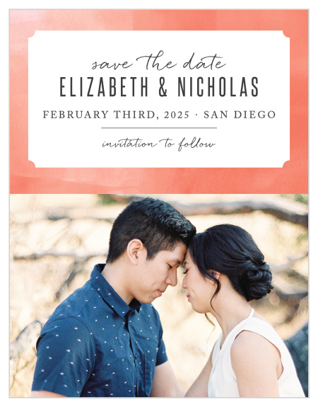 Our Modern Painting Save-the-Date Magnets have a ticket shaped backdrop, where your names and wedding date are stated.
