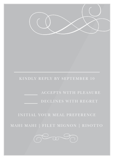 Sophisticated swirls decorate our Chic Elegance Clear Response Cards, and are combined with a tasteful type that states your RSVP details.