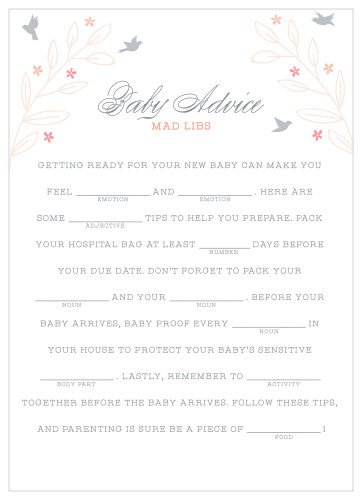 Have your friends and family fill in the blanks of our In Flight Baby Shower Mad Libs for a hilarious new take on baby preparations. 