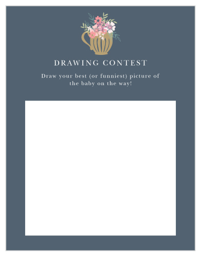 Give your guests the opportunity to provide a snapshot of your newborn in hilarious or heartfelt sketches with our Tasteful Tea Pot Baby Drawing Contest!