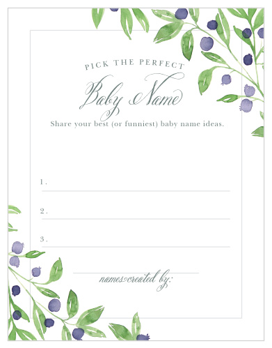 Take notes from the crowd with our gorgeous Farmer's Market Baby Name Contest, their suggestions becoming your new top ten or going straight into the “never use” pile. With your guests free to make up hilarious joke-names or offer their favorite real ones, the beautiful design of these cards is sure to make them the life of the party.