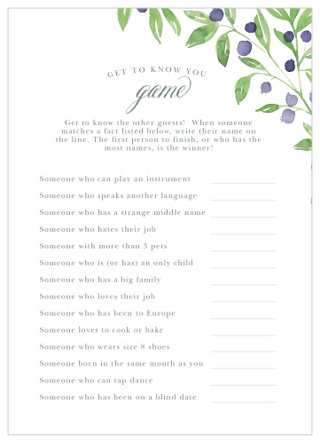 Turn conversation into a friendly competition with our gorgeous Farmer's Market Get to Know You Game. Customize the questions to reflect the interests and hobbies of your guests, then set your loved ones loose. With grapevine illustrations and neat typography to guide their talking points, you can be sure there won’t be any lulls in conversation at your party.