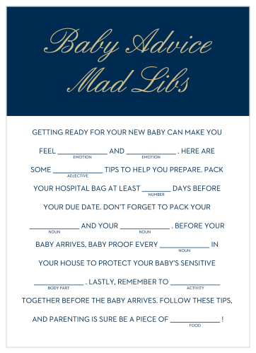 Keep your shower regal and simple with our Royal Script Boy Baby Shower Mad Libs. 