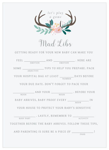 Have your friends and family fill in the blanks of our Rustic Bouquet Baby Shower Mad Libs for a hilarious new take on baby preparations.