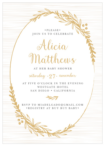 Frame your beautiful invitation in a delicately foiled wreath with the Golden Laurel Baby Shower Invitations.