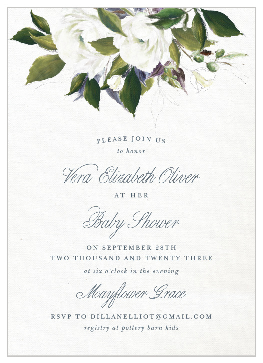 The Blooming Elegance Baby Shower Invitations are a vintage marvel, with a canvas background topped with painted blooms and elegant script.