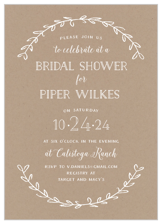 Simple laurels frame your text on the Rustic Laurel Bridal Shower Invitations.