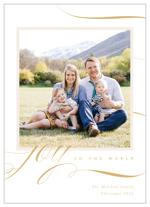 Our lovely Joy Ribbon Christmas Cards help your friends and family focus on the most important part of Christmas day: a family coming together to enjoy each others' company. Your favorite photo decorates the center of the card, meshing perfectly with the sheer white background, while a larger-than-life lettering of "joy" flows across the page in gold-foil calligraphy.