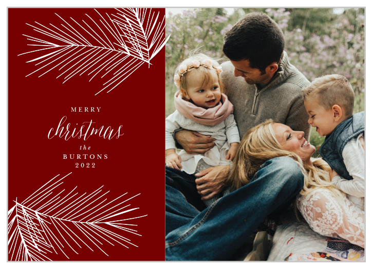 On a background of beautiful red and filled with your holiday greetings in swirling calligraphy and elegant print, our Vintage Boughs Christmas Cards help you say everything you could ever need to. A duo of thin, intricate boughs cradles your text and point invariably toward your favorite photo to the right.