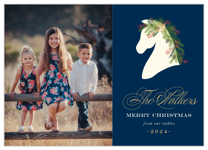 Set your family's card apart from the rest with our Stable Horses Christmas Cards. With the silhouette of a horse with a botanical mane, your family name in swirling calligraphy, and ample space for your photo on the left, you can be sure that none of your friends or family will say "nay" to receiving them.
