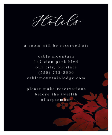 Suggest the most comfortable hotels around with our romantic Dark Florals Accommodation Cards.