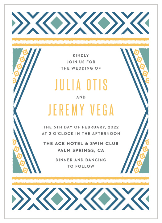 Our refreshing Bohemian Beach Wedding Invitations utilize a variety of bright colors and geometric designs to provide your wedding day information in stunning style.