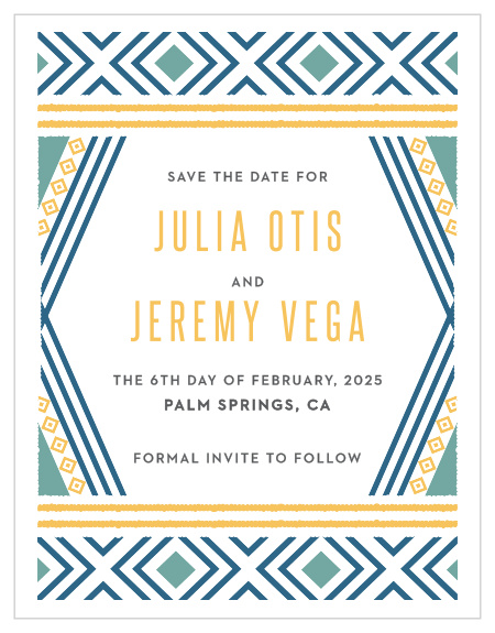 Give your guests the advance notice they need to attend your wedding with our stylish Bohemian Beach Save-the-Date Magnets. Beautiful geometric designs swirl around the exterior of the magnet, forming shapes out of a trio of bright colors, while every important detail of your wedding day is shared in an easy to read print.