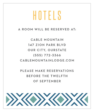 Bohemian Beach Accommodation Cards guarantee that your friends and family are as comfortable as possible, no matter where your wedding is held. A bar of geometric shapes decorates the bottom in a duo of blue shades, while your title stands above in a bright golden-yellow.