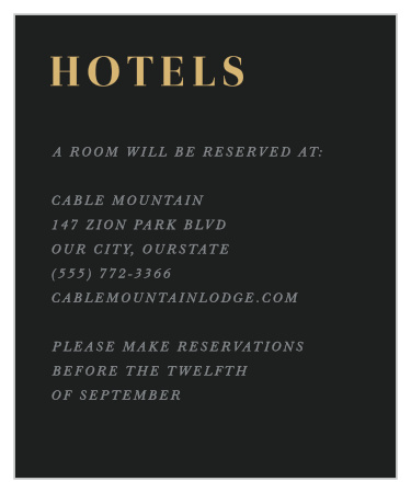 A midnight grey background is contrasted by the raised gold foiled title on our Gothic Halloween Accommodation Cards. 