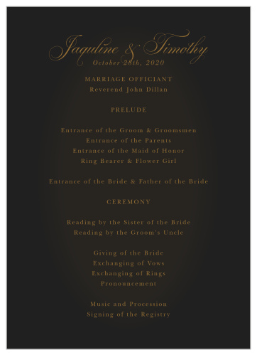 Guide your guests through your wedding with the gothic elegance of our Vintage Dracula Wedding Programs. Bronze lettering spells out your names in bright relief to the midnight-black background, while a deliberate print details every moment and member of your wedding ceremony. 