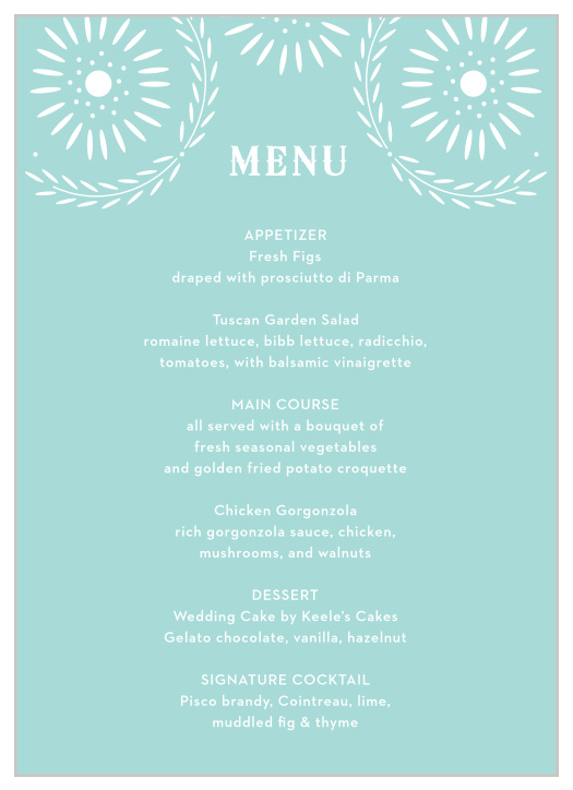 Our Papel Confetti Wedding Menus feature a daisy-esque papel picado design that frames your menu details atop a pastel, glass blue backdrop.