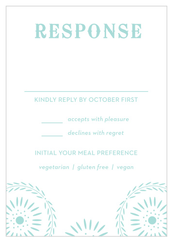 Our Papel Confetti Response Cards feature a daisy-esque papel picado design that borders the bottom of the white card in a pastel, glass blue. 