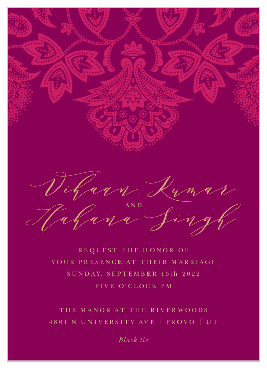Ornament yourself and your wedding preparations with the beautiful symbols of our Indian Henna Wedding Invitations.