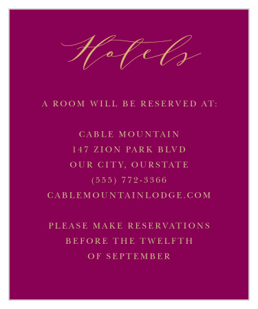 Indian Henna Accommodation Cards guarantee that your guests are as comfortable as possible in the days surrounding your wedding. Stunning calligraphy tops the page gold-foil, shining brightly above the pseudo-gold used for the details of your recommendation. 