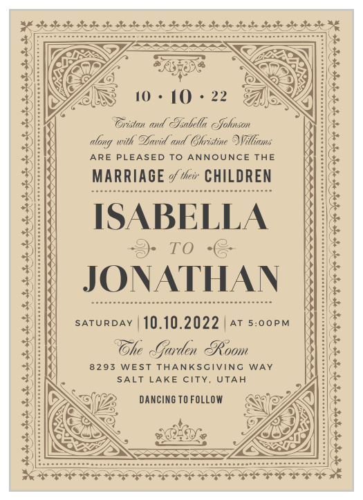 Ensure that each of your most cherished loved ones has a ticket of admission to your wedding day with our Vintage Admission Wedding Invitations. These lovely cards carry the classic look of a 1920s broadway ticket: intricate borders and elegant typefaces complement the aged-appearance of the background paper, while a simple ticket stub is created in the negative space of the designs surrounding your text.