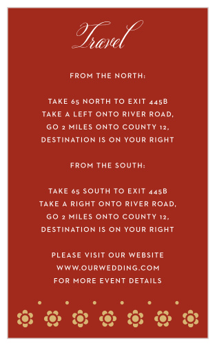 Our Spanish Garden Direction Cards are colored sangria red, with gold-foiled floral pattern decorating the bottom of the card.