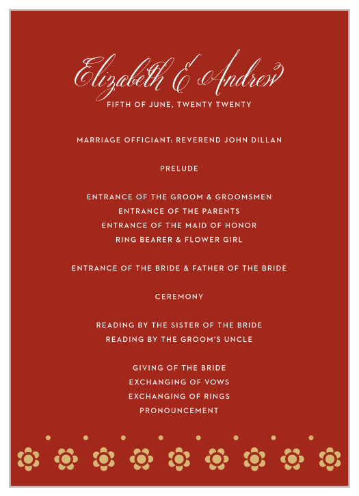 Our Spanish Garden Wedding Programs are colored sangria red, with gold-foiled floral pattern decorating the bottom of the card.