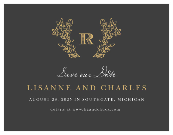 Ensure that your big day is as unforgettable for your guests as it is for yourselves with our Dark Monogram Save-the-Date Magnets. Floral illustrations bloom on either side of your initial along the top of the magnet, each line in a delicate, shining gold-foil to match your names below, before every detail of your wedding day is shared in subtle white typefaces.
