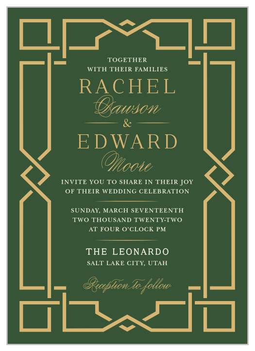 Elegant golden frames dance their way around the exterior of our Emerald Border Wedding Invitations, forming the abstract impression of a gemstone around your wedding day details.