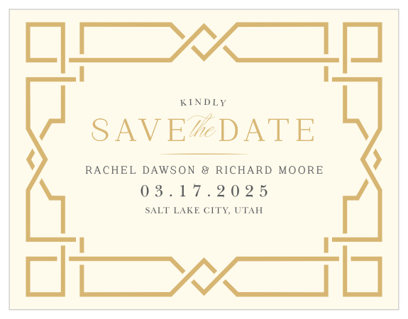 Give your guests the advance notice they need in the beautiful style you want with our Emerald Border Save-the-Date Cards. Featuring a lovely cream background, bright gold-foil and classic black text, and intricate bordering in the shape of an abstracted gemstone, these cards are a lovely addition to your wedding preparations.