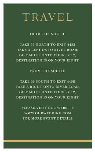 Guide your guests to the location of your dream venue in the vintage styling of our Emerald Border Direction Cards. Each twist and turn is spelled out in bright white print against the deep green background, carefully framed by the title and bottom border in shining gold-foil.