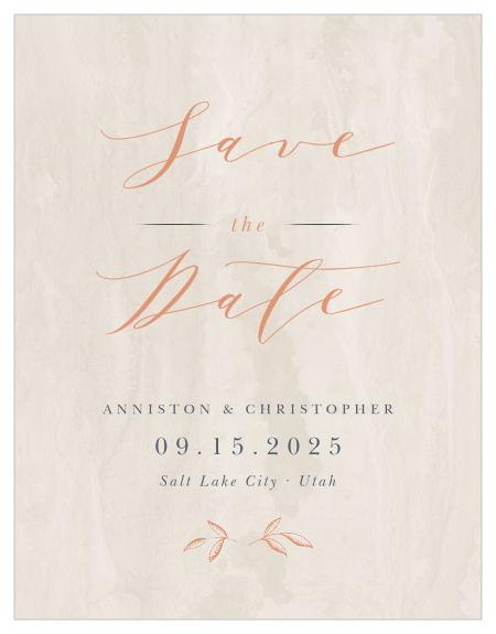 Woodland Monogram Save-the-Date Cards are an unforgettable way to give your guests the advance notice they need. Title your card in an elegant, swirling calligraphy that shines brightly in rose-gold foil just above the general details of your wedding day- each of which is written in a subtle granite-blue against the patterned pearl background. With a pair of leaves below as a symbol of your own growth, these cards are a perfect reminder of your big day.