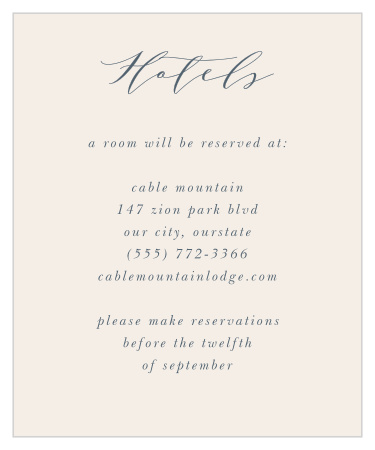 Woodland Monogram Accommodation Cards guarantee that your guests are as comfortable as possible in the days leading up to your wedding. Smooth, flowing script tops the page in a gorgeous granite-blue, a color that stands out subtly against the pearl background, before transitioning into a simple print that spells out the details of your recommendation.