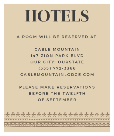 Keep your guests comfortable and content with our Vintage Admission Accommodation Cards. Featuring a well-weathered background, elegant lettering, and simple illustrations as a bottom border, these cards contain the information your guests need in the style you want.