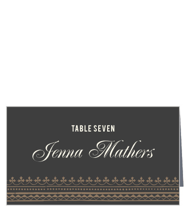 Assign seating according to your personal preferences with our Vintage Admission Place Cards. Utilizing the same antique styling as the rest of our Vintage Admission wedding suite, but this time with a twist of dark elegance, you can be sure that these place cards serve as a shining beacon to your guests. Spell out their names in a swirling white script for an eye-catching contrast that guarantees that everyone is where they should be.