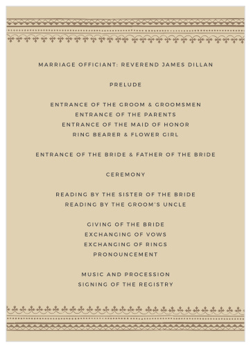 Detail every moment of your modern wedding with the breathtaking design of our Vintage Admission Wedding Programs. Utilizing a collection of elegant typefaces, simple illustrations, and an age-stained background color, these programs are perfect for listing off every moment and member of your wedding ceremony.