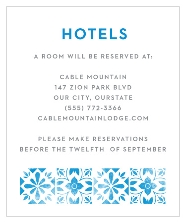 A tiled, vintage, floral pattern decorates the bottom of the Mexican Tiles Wedding Accommodation Cards.