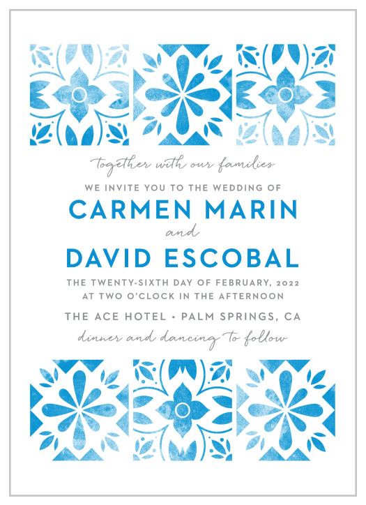 Worn, marina blue tile decorates our Mexican Tiles Wedding Invitations.