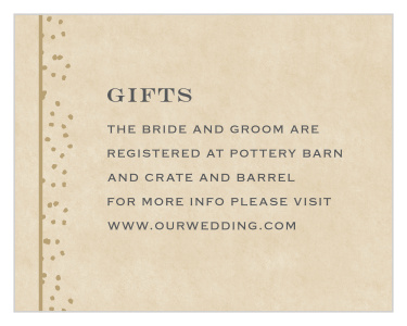 Featuring a gorgeous parchment-style background, classically-designed lettering, and a neat, dotted border along the lefthand side, our Antique Charm Registry Cards are a lovely addition to your wedding enclosure.