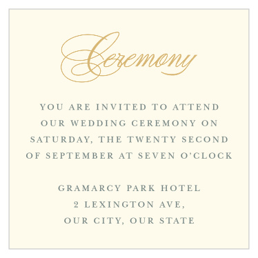 Our Deco Diamonds Ceremony Cards feature a simple cream background and beautiful gold and gray fonts. 