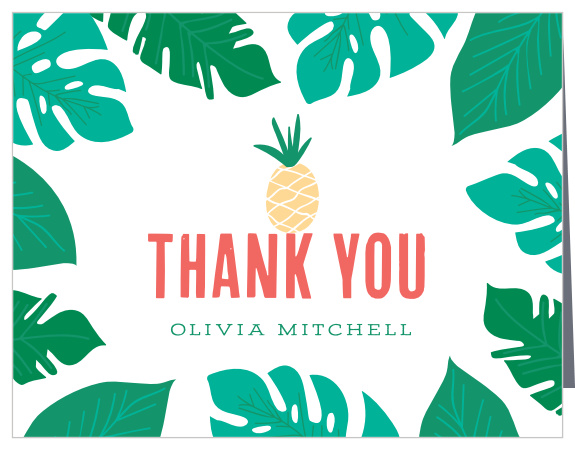 Aloha Pineapple Children's Birthday Party Thank You Cards turn your simple appreciation into a magnificent message of gratitude. A single pineapple drops into the center of the card from under the sea-green fronds that form the border, standing as a yellow complement to the bold red text below. With plenty of space to personalize your words to each guest, these cards are a sweet addition to your party preparations.