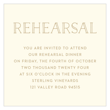 Delight in the stylish dinner details of our Filigree Frame Rehearsal Cards. Graham-cracker flavored text offers the perfect complementary color to the cream background, ensuring that the next word is as easy to read as the previous- and that every loved one is gathered together for a pleasant meal.