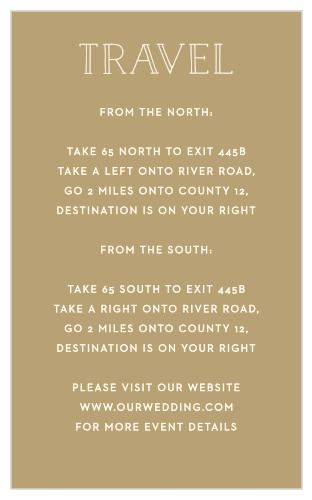 Describe every twist and turn on the way to your wedding venue with the stunning appearance of our Filigree Frame Direction Cards. Elegant lettering titles each card, standing in bright contrast to the graham-cracker colored background, while a cream print ensures that every single word is easy to read for your guests.