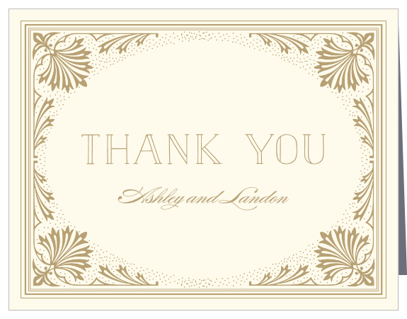 Thank every guest for participating in the first chapter of your together-story with our Filigree Frame Wedding Thank You Cards. A resplendent combination of vintage illustrations, colors, and typefaces work together to turn your gratitude into something truly tangible, as well as something that will look lovely in the homes of your loved ones.