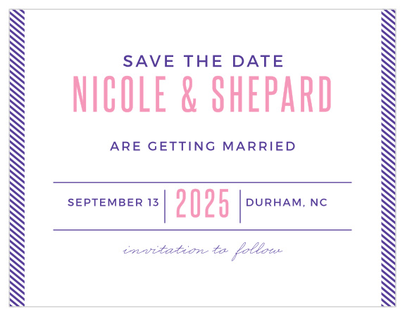 Bold fonts, clean lines and modern slanted stripes infuse the Artful Elegance Save-the-Date Magnets with youthful sophistication. 
