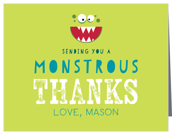 Share your appreciation after the party with the monstrously adorable face on our Monster Mash Thank You Cards. Each word of your message is spelled out in a playful text that is nonetheless easy to read, utilizing vibrant shades of blue and white against the lime-colored background. With plenty of space to write out your own personalized message on each card for each guest, you can be sure that they're perfect for your needs.