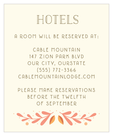 Offer your guests the gift of your own local knowledge on our Rustic Fall Accommodation Cards. Each delicately-written word stands out sharply in pecan-brown against the light cream background, an undeniably rustic color combination only furthered by the wreath of vibrant orange leaves along the bottom. Your guests will certainly appreciate the extra comfort provided by their specially-chosen hotel.